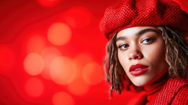 A striking portrait of a woman wearing a red beret and striking lipstick, set against a rich red backdrop, exemplifying boldness, style, and elegance in modern fashion.