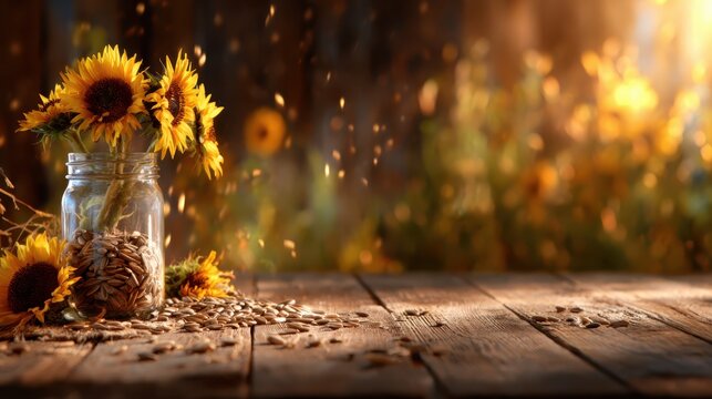 A vibrant jar filled with sunflowers and seeds, sitting on a wooden table, encapsulating the essence of summer, positivity, and the natural beauty of bright, cheerful blooms.