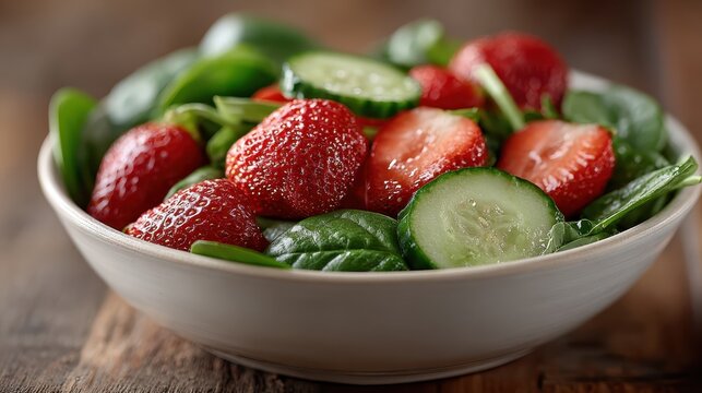 A vibrant bowl of fresh strawberries, crisp cucumbers, and tender spinach leaves, perfect for a healthy and refreshing salad option that showcases natural colors and textures.