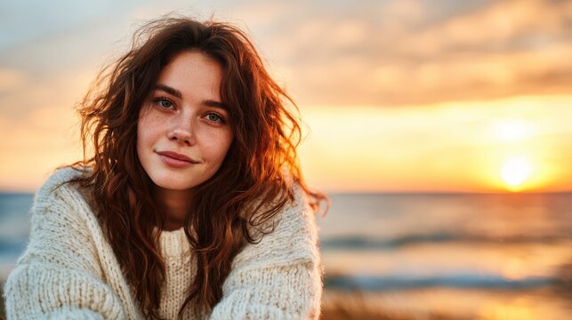 A serene portrait of a young woman with curly hair, smiling warmly against the backdrop of a vibrant sunset by the ocean, capturing a moment of tranquility and beauty.