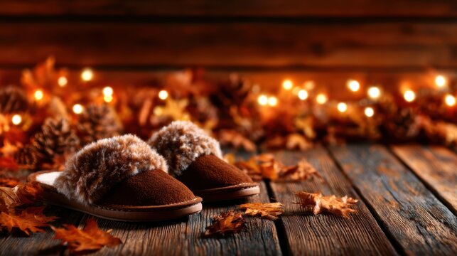 A lovely scene featuring cozy slippers placed on a wooden surface, surrounded by vibrant autumn leaves and soft lighting, evoking warmth and comfort during the fall season.