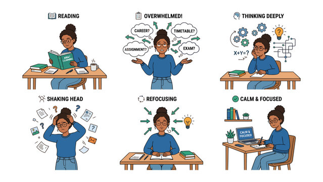 Mental States of Study: A collage illustrates a woman's journey through different mental states while studying: reading, feeling overwhelmed, thinking deeply, shaking her head in confusion.