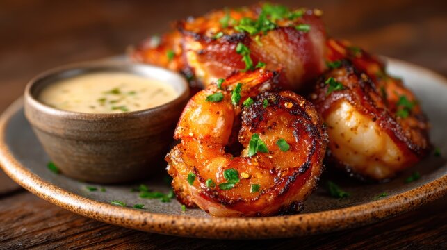 A mouthwatering close-up of crispy bacon-wrapped shrimp served on a plate with a side of creamy dipping sauce, highlighting the appetizing details and vibrant colors.