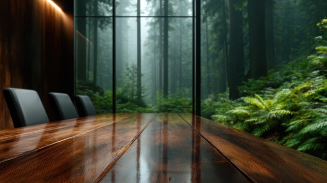 A tranquil view of a polished wooden table with clear reflections, framed by a thriving verdant forest, creating an inviting atmosphere for gatherings and nature appreciation.