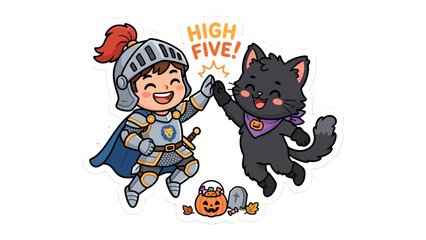 Halloween High Five: A cheerful knight and a friendly black cat high five, celebrating Halloween with a pumpkin, tombstone, and fallen leaves, radiating holiday spirit.