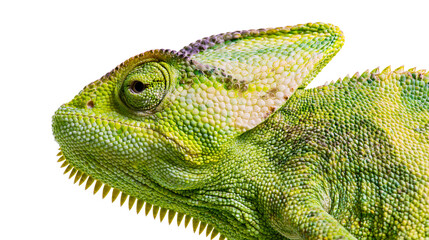 Green chameleon head and eye detail with textured scales © Eustace