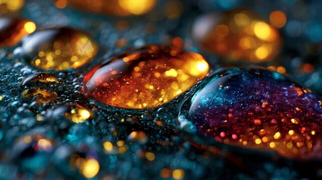 Macro abstract composition of water droplets on textured recycled glass, showcasing refraction, luminous depth, and vibrant color gradients under crisp backlighting.