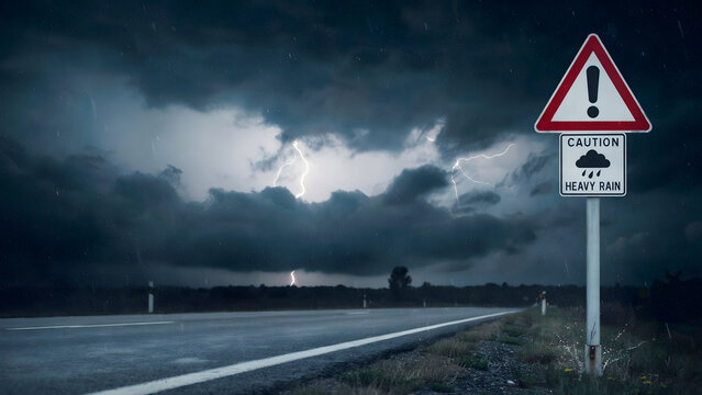 A warning sign for heavy rain stands beside a road during a lightning storm