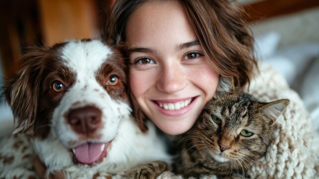 A joyful young girl cuddles a friendly dog and a curious cat, radiating warmth, love, and companionship, celebrating the bond between children and their pets.