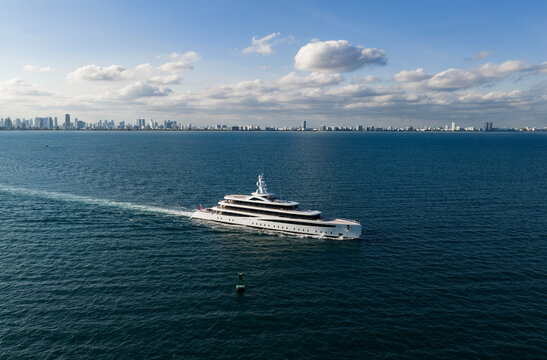 Aerial view motorboat. Luxury lifestyle. Vacation on summer. Yacht at sea. Motorboat aerial top view. Luxury boat motor yacht at sea. Yachting boat tourism. Motorboat gliding through the sea