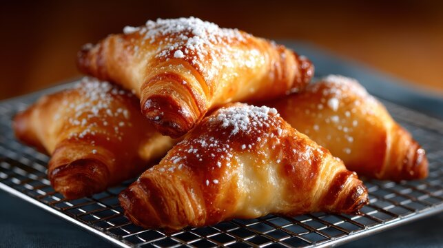 Freshly baked golden croissants dusted with powdered sugar sit gracefully on a cooling rack, showcasing their flaky texture and inviting aroma for pastry lovers.