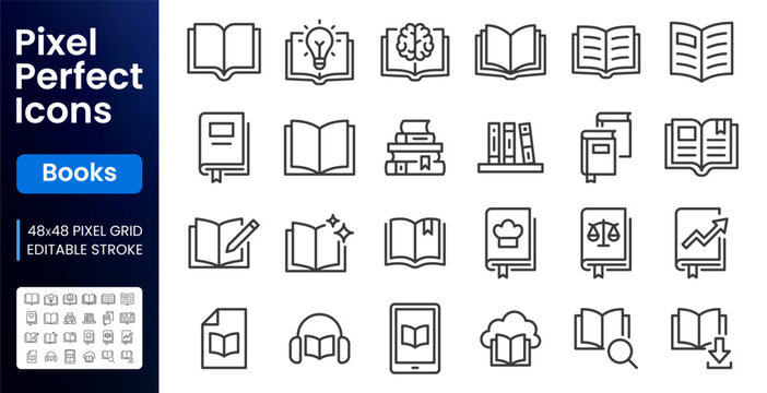 Book line icon set. Storybook, school library, literature education, reading brain, story idea, bookmark linear minimal vector illustration. Simple outline signs. 48x48 Pixel Perfect. Editable Stroke