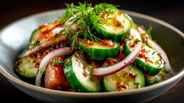 A colorful salad featuring fresh cucumbers and tomatoes, artfully plated, highlighting the beauty of natural ingredients and the joy of healthy eating.