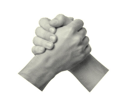 Trendy retro halftone collage with human unity, strength, agreement, partnership and teamwork. Halftone collage element on transparent background.