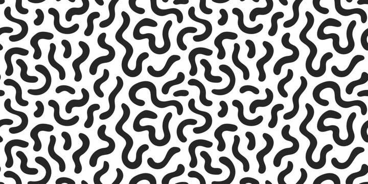 Seamless black and white abstract squiggles pattern, vector retro 90s line texture. Monochrome organic hand drawn doodle chaos for playful wallpaper.