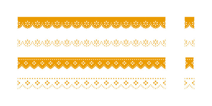 Vintage scalloped lace trim vector elements for fabric, cards, and frames, orange embroidery pattern brush set