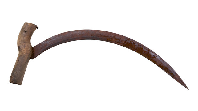 Old rusty sickle with wooden handle
