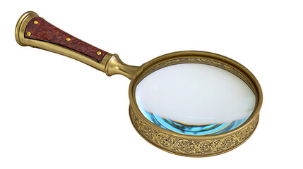 Antique brass magnifying glass with ornate frame and wooden handle © Eustace