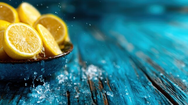 A vibrant arrangement of freshly sliced lemons in a bowl, with water splashes capturing the freshness and liveliness of citrus, evoking feelings of zest and refreshment.
