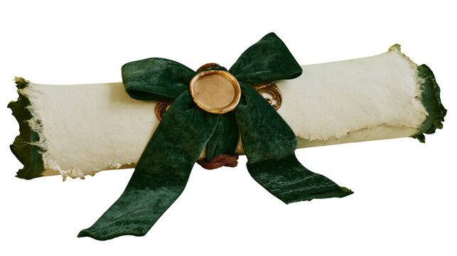 Velvet ribbon tied scroll with wax seal and frayed edges
