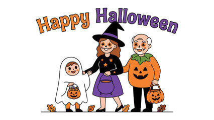 Happy Halloween Family: A whimsical illustration depicts a family dressed in festive Halloween costumes - a child as a ghost, a woman as a witch, and an elder as a pumpkin.