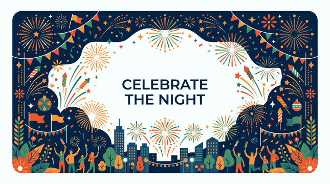 Night celebration city fireworks festival vector banner.