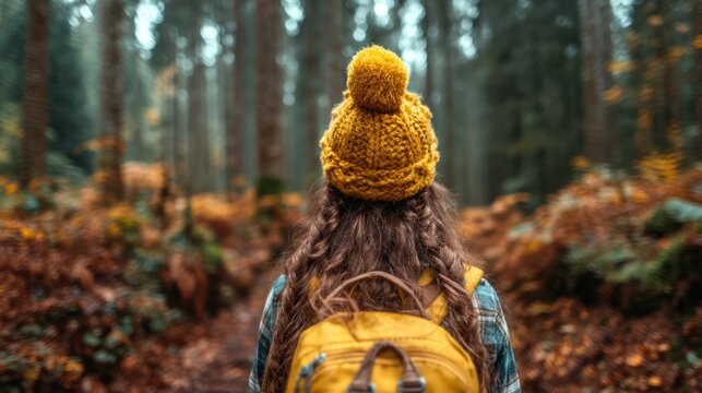 A young woman with a bright yellow hat and backpack walks through an autumn forest, symbolizing adventure and exploration in the beautiful fall season.