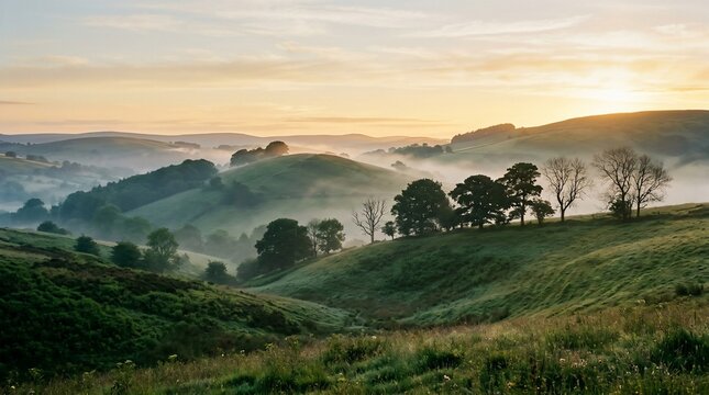 Misty sunrise over rolling green hills in the countryside