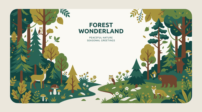 Peaceful forest landscape with deer and pine trees