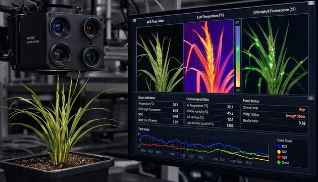 Controlled drought stress monitoring on a rice plant using an rgb nir camera system alongside a display showing thermal and chlorophyll fluorescence analytics