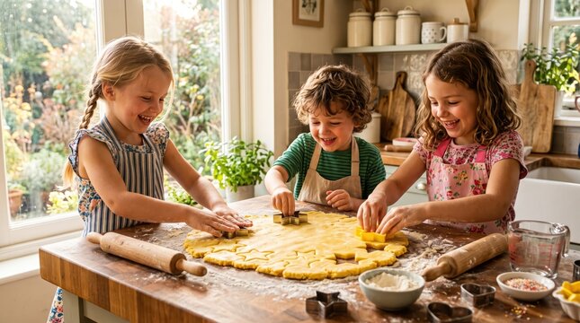 Three children baking cookies in bright home kitchen using cookie cutters on floured wooden countertop; playful siblings rolling and shaping dough during morning family activity