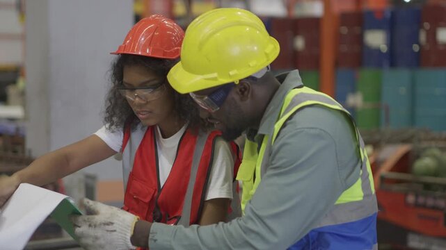 Employees, foremen, and managers are reviewing documents in an industrial plant.