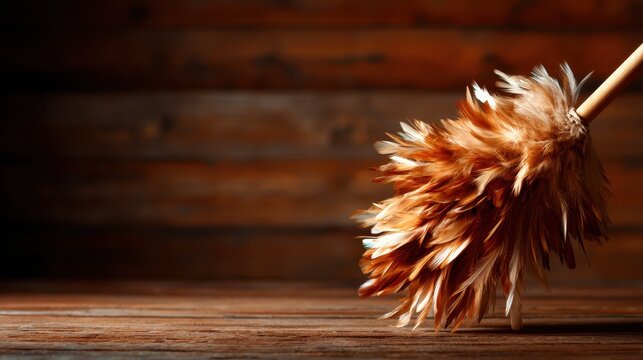 An elegant feather duster rests on a rustic wooden table, showcasing exquisite details and inviting thoughts of home care and the beauty of simplicity.