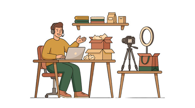 Vector illustration of man recording product video at desk