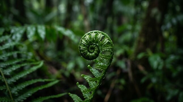 Close up of a vibrant green fern fiddlehead unfurling in a lush tropical rainforest environment