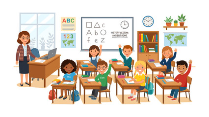 Classroom Scene with Teacher and Students: A cheerful classroom where a dedicated teacher guides attentive students, who eagerly raise their hands to answer questions.