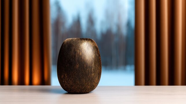A beautifully crafted brown vase sits elegantly on a wooden table, surrounded by a serene backdrop of soft focus nature creating a perfect balance of art and nature.