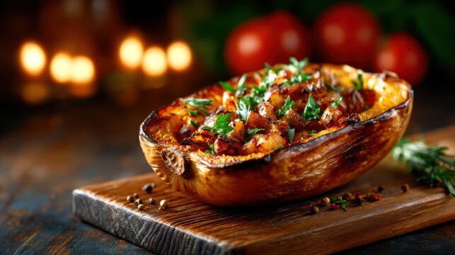 This mouthwatering roasted squash dish showcases a vibrant filling topped with crispy bacon, herbs, and spices, making it perfect for a warm and inviting meal.