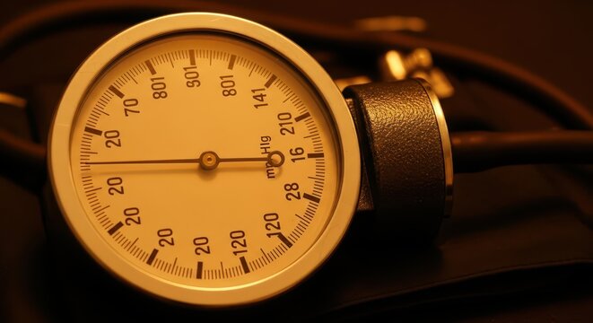Close-up of a classic analog blood pressure monitor gauge with a stethoscope, highlighting medical diagnostics and health monitoring