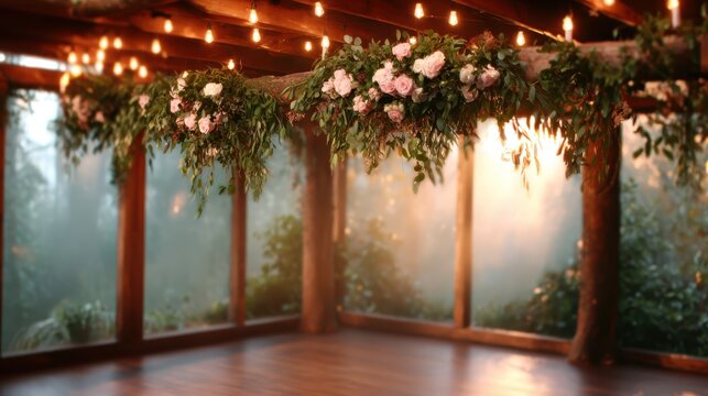 A beautifully decorated interior adorned with lush floral arrangements and warm lighting, creating an inviting atmosphere ideal for events or cozy gatherings.