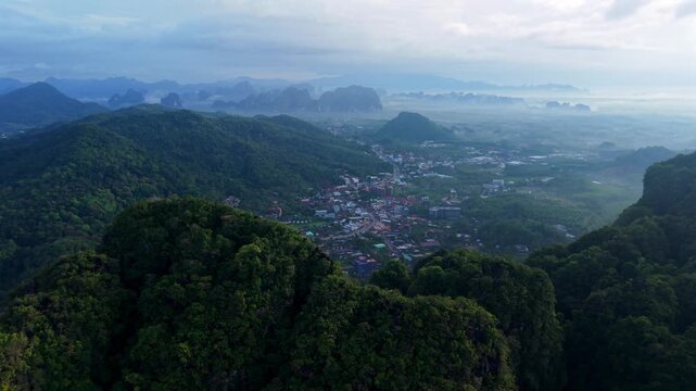 Aerial view of Ao Nang town and beautiful coastline in Krabi, Thailand.