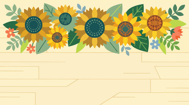Sunflowers floral border and foliage with copy space on wood texture background flat vector illustration for autumn harvest greeting card marketing