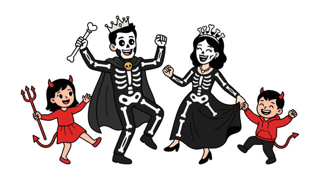 Skeleton Family Halloween Fun: A spooky yet cheerful skeleton family, dressed as royalty and devils, joyfully celebrates Halloween, dancing with laughter and playful spirit.