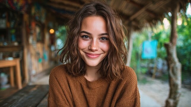 A woman with a warm smile poses in a cozy outdoor setting, exuding contentment and joy, highlighted by natural surroundings that enhance a sense of peace and happiness.