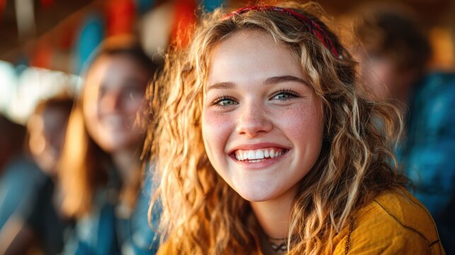 A bright and cheerful girl wears a joyful smile, enjoying a lively summer atmosphere filled with happiness, youthfulness, and carefree moments shared with friends.