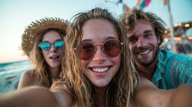 A playful group of friends captures a memorable selfie at the beach, showcasing their joy and carefree spirit, with colorful accessories and a stunning seaside backdrop.