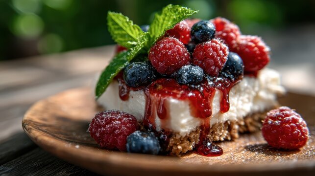 A delectable slice of cheesecake garnished with vibrant raspberries and blueberries, presented on a wooden table, showcasing the delightful experience of indulgent desserts.