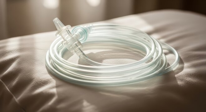 Close-up of a coiled nasal cannula oxygen tubing with nasal prongs resting on a light-colored pillow in soft natural light