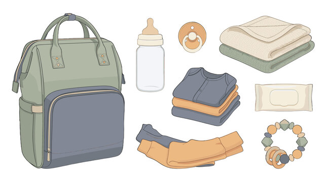 Baby care essentials set with diaper backpack and feeding items