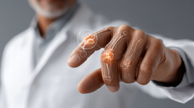 Healthcare for Seniors and Aging Tech concept ,Hand pointing joint pain zones with highlighted finger and knuckle bones